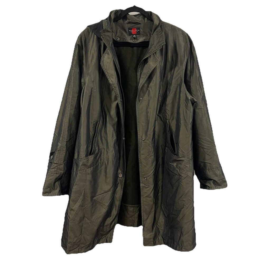 Gallery Woman Long Nylon Coat Dark Olive Green Hooded Jacket Size 1X